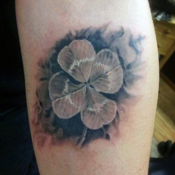 Realistic Black And Grey Four Leaf Shamrock Tattoo