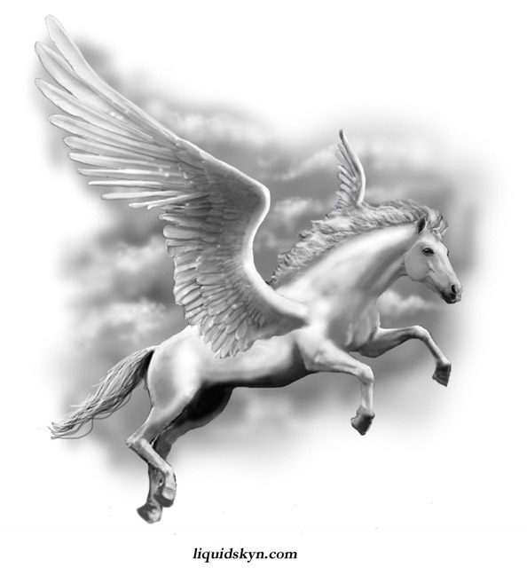 Realistic Black And White Flying Pegasus Tattoo Sample
