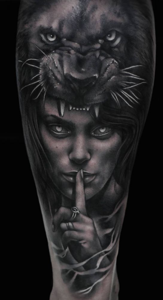 Realistic Black Lady Puma Head Tattoo
