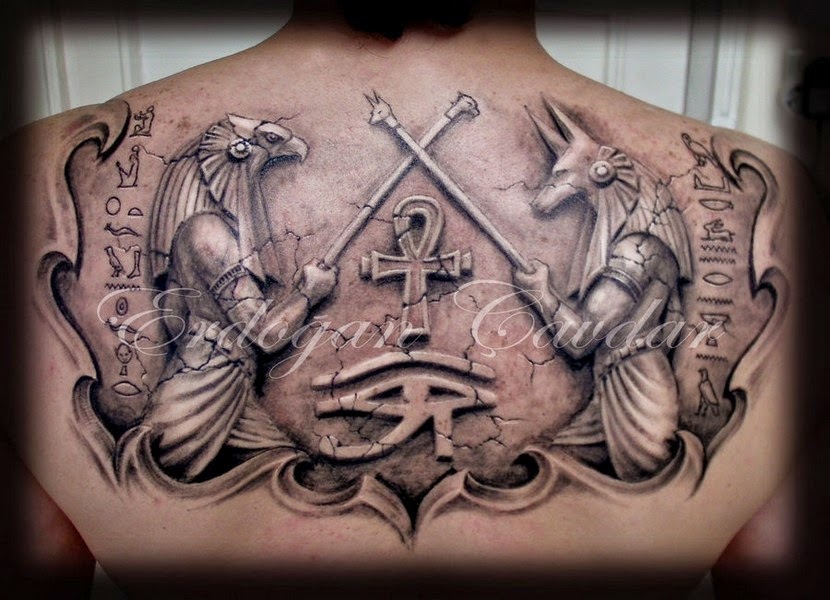 Realistic Color Egyptian Gods With Ankh And Horus Eye Tattoo On Upper Back