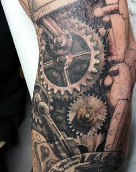 Realistic Colored Mechanical Gears Tattoo