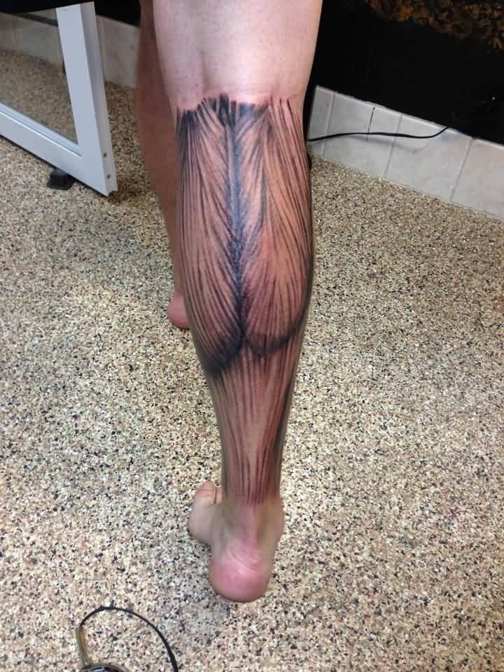 Realistic Colored Muscles Tattoo On Back Leg