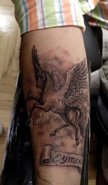 Realistic Colored Pegasus With Banner Tattoo On Arm Sleeve By ErdoganCavdar