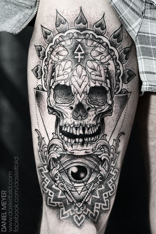 Realistic Colored Skull With Triangle Eye Tattoo