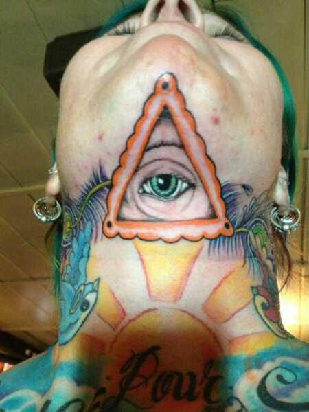 Realistic Eye In Triangle Tattoo On Throat