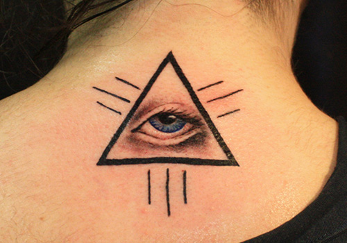 Realistic Eye In Triangle Tattoo On Upper Back