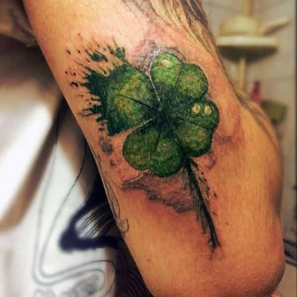 Realistic Four Leaf Shamrock Watercolor Tattoo On Arm Sleeve