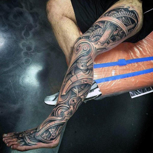 Realistic Grey Mechanical Gears Tattoo On Full Leg