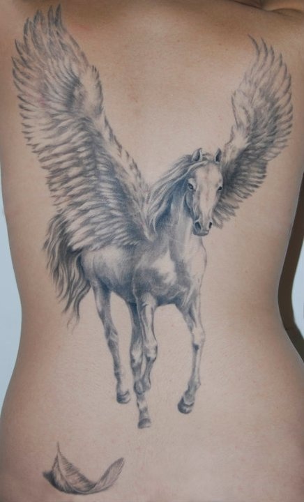 Realistic Grey Pegasus Tattoo On Full Back