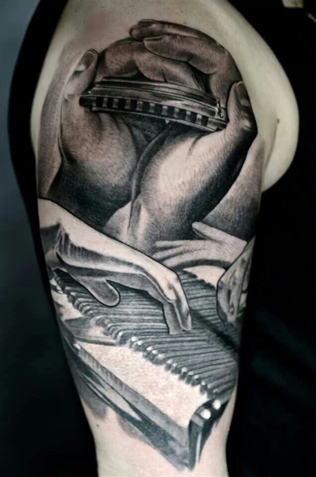 Realistic Hands Playing Piano Keys Tattoo On Right Half Sleeve