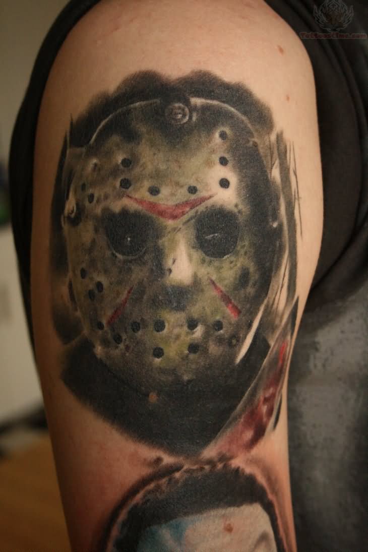 Realistic Jason Head Tattoo On Right Half Sleeve