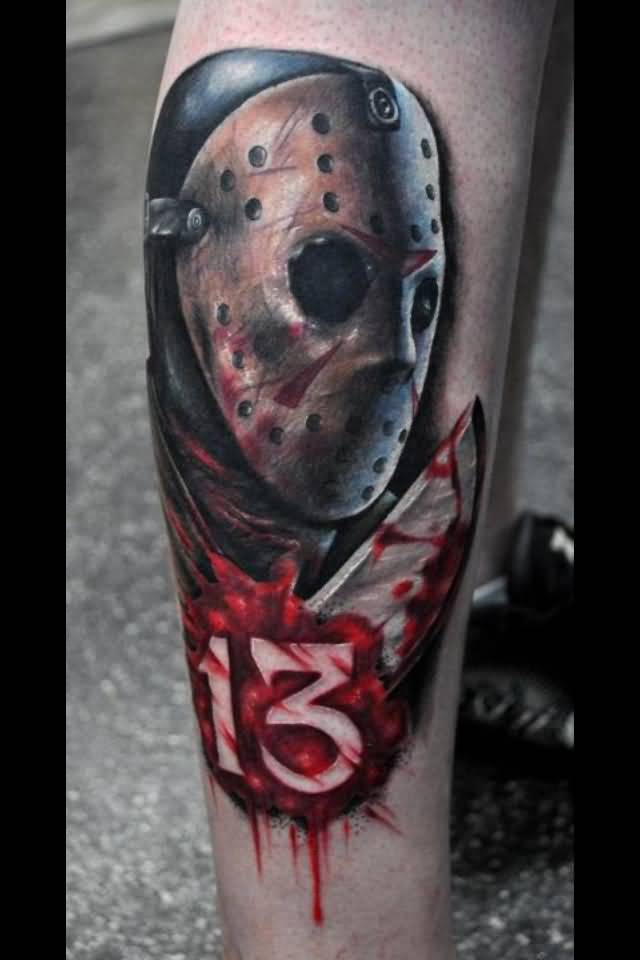 Realistic Jason Head With Knife And Thirteen Numerical Tattoo On Leg
