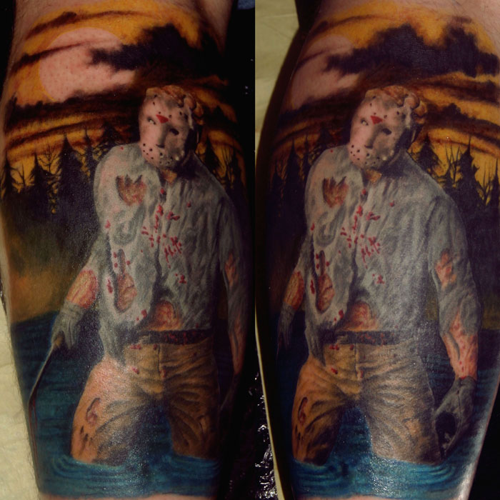 Realistic Jason Legs In Water Night View Tattoo