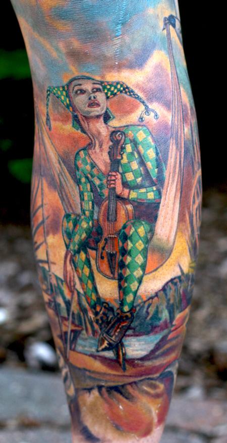 Realistic Jester Holding Violin With Sky View Colorful Tattoo On Arm Sleeve