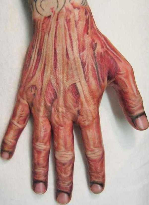 Realistic Red Inner Muscles Tattoo On Full Hand
