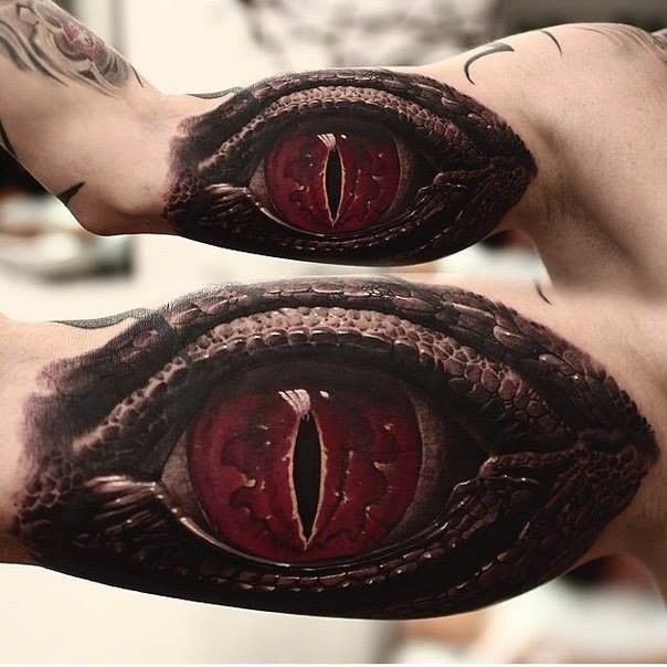 Realistic Scary Red Eye Reptile Tattoo On Half Sleeve By Shevchenko