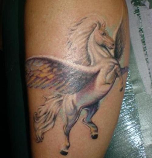 Realistic White Flying Pegasus Tattoo