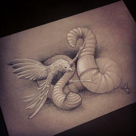 Realistic Worm With Bird Tattoo Design