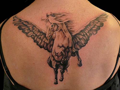 Realistic Color Flying Pegasus Tattoo On Upper Back