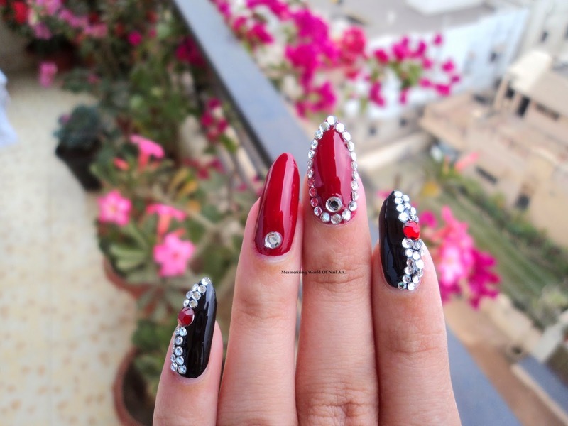 Red And Black Bling Stiletto Nail Art