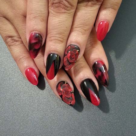 Red And Black Nails With 3D Rose Flower Nail Artwork