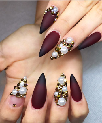 Red And Black Ombre Nails With Pearls Design Stiletto Nail Art