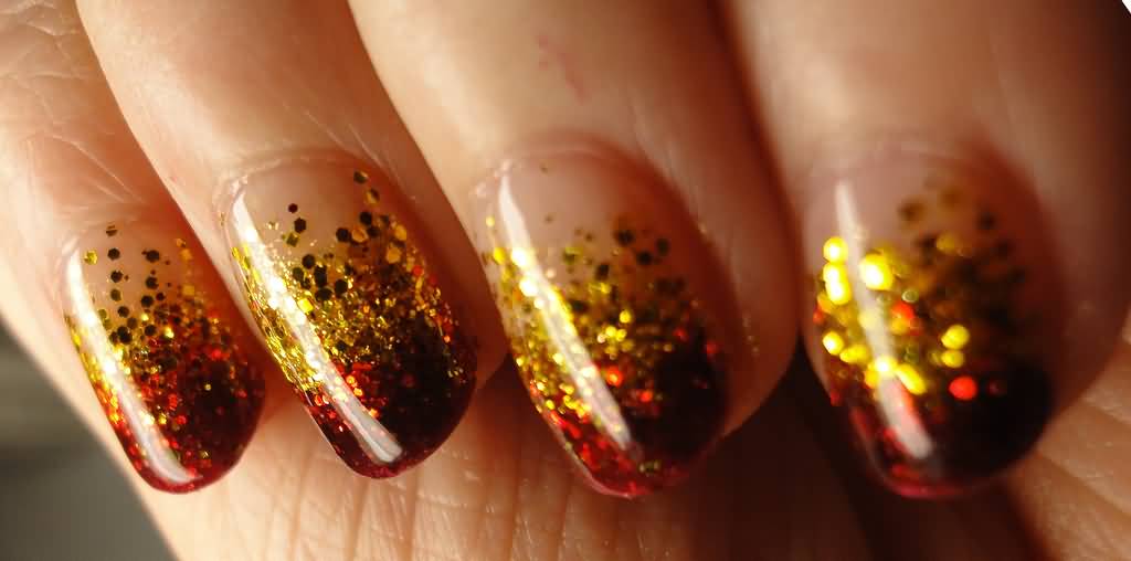 Red And Gold Glitter Tip Nail Art