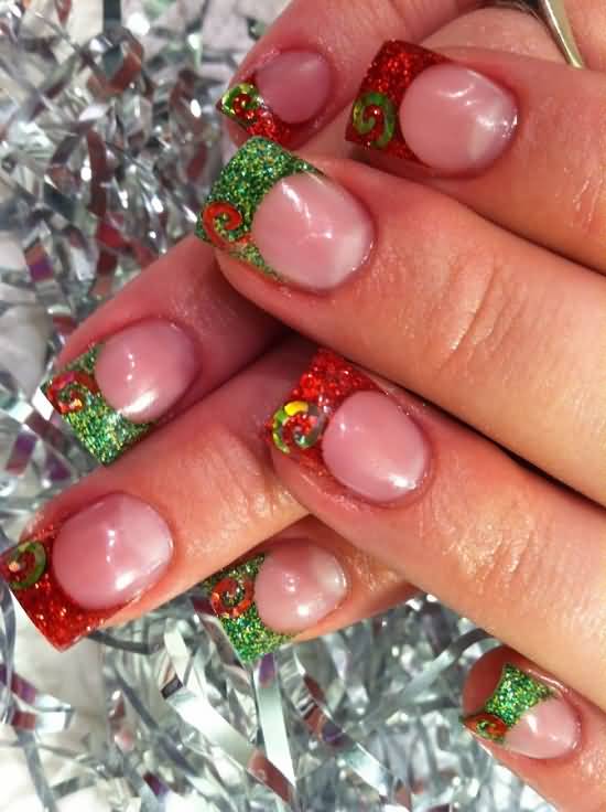 Red And Green Tip Glitter Nail Art