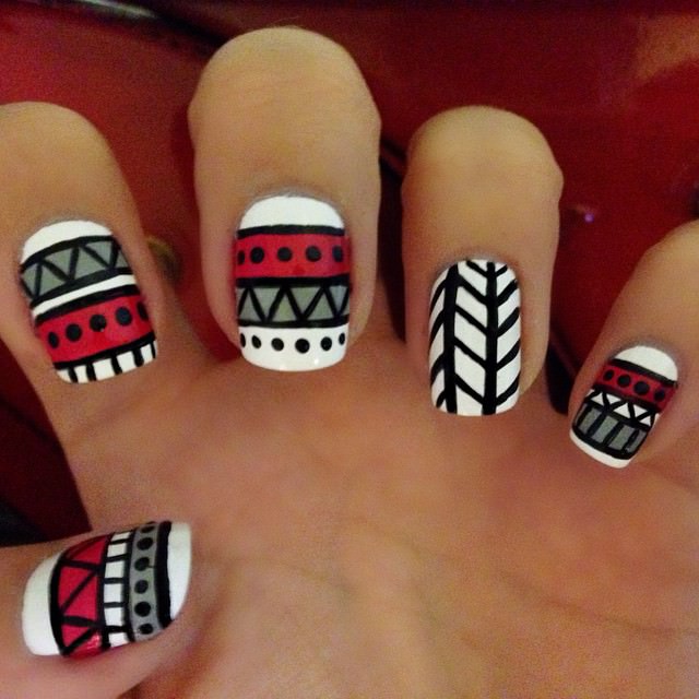 Red And Grey Funky Tribal Nail Art