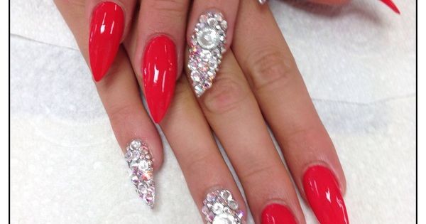 Red And Silver Bling Stiletto Nail Art