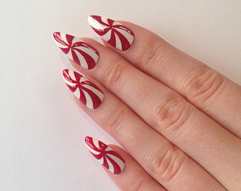 Red And White Candy Swirl Design Stiletto Nail Art