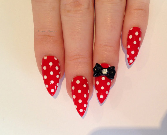 Red And White Polka Dots Stiletto Nail Art With Black 3D Bow Design Idea
