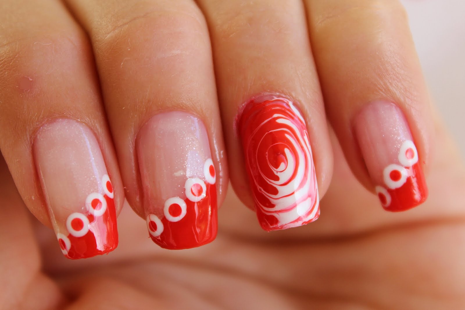 Red And White Spiral Design Nail Art