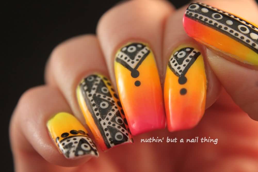 Red And Yellow Ombre Tribal Nail Art