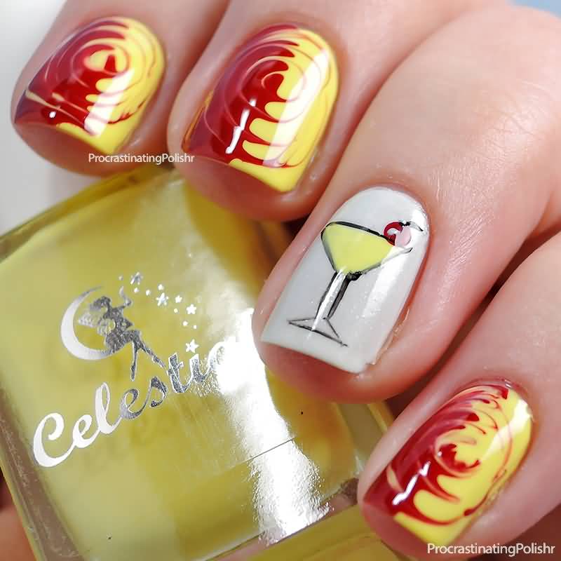 Red And Yellow Spiral Design Nail Art