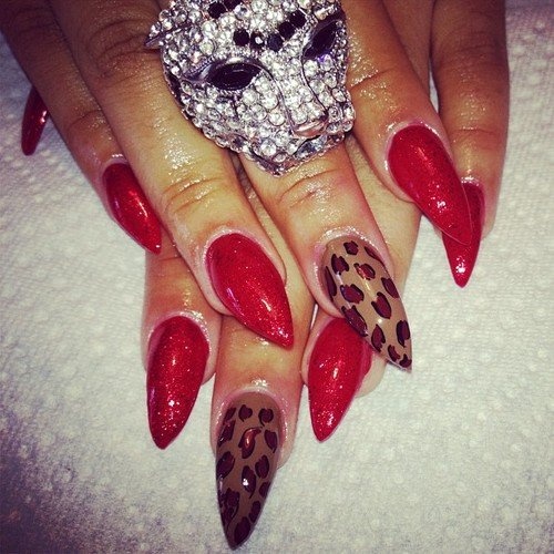 Red Gel And Leopard Print Stiletto Nail Art