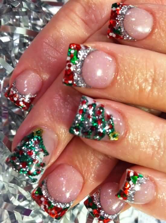 Red Green And Silver French Tip Glitter Nail Art