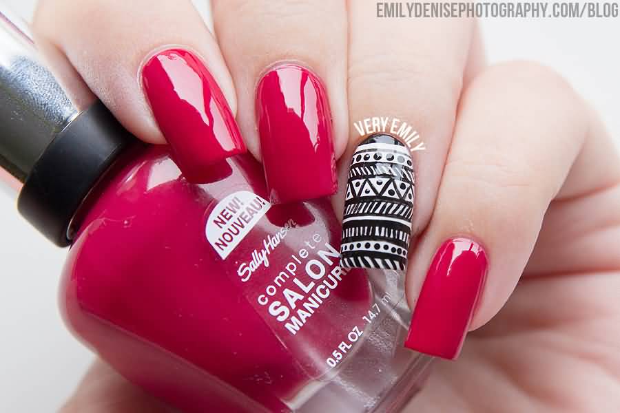 Red Nails With Accent Black And White Tribal Nail Art