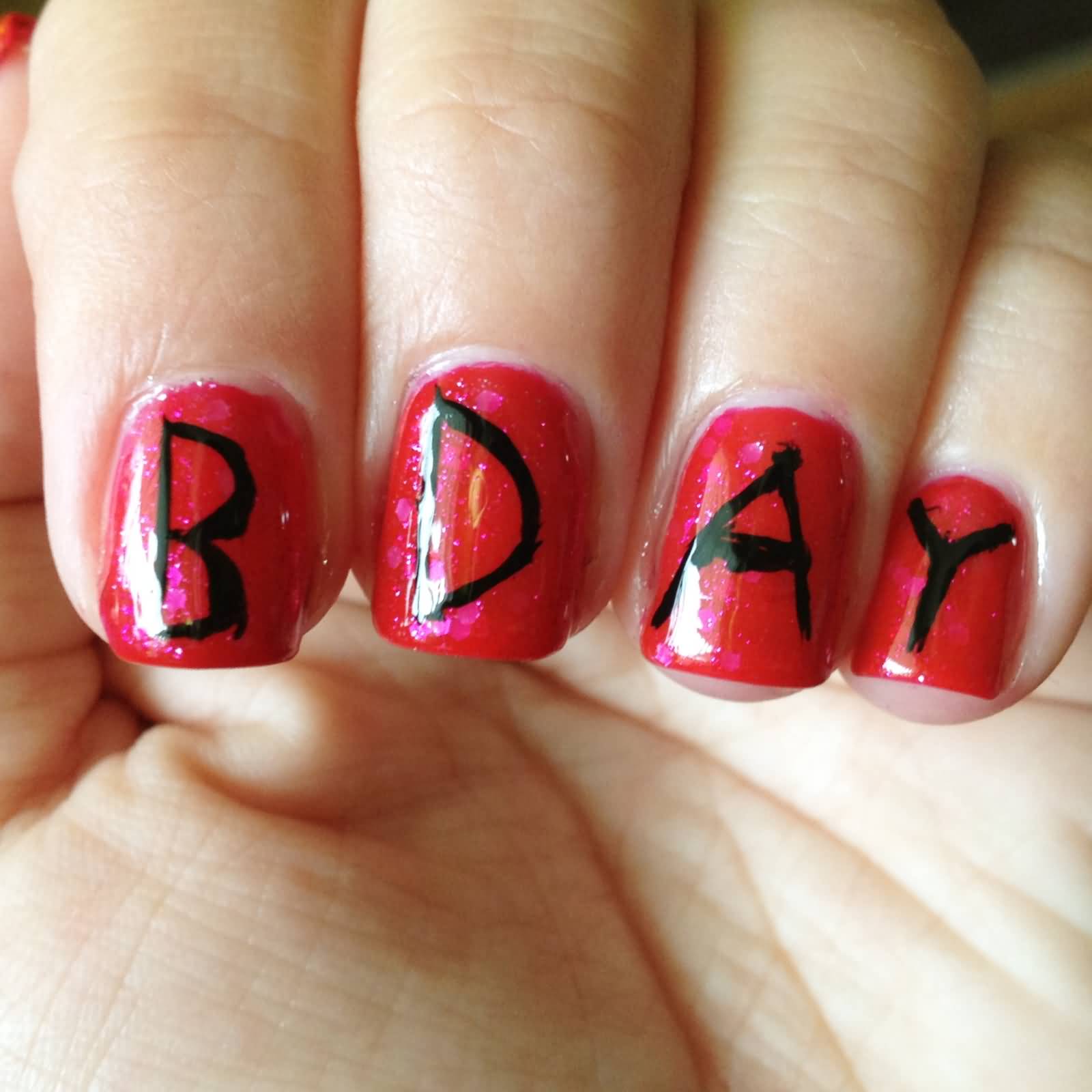 Red Nails With Birthday Text Nail Art