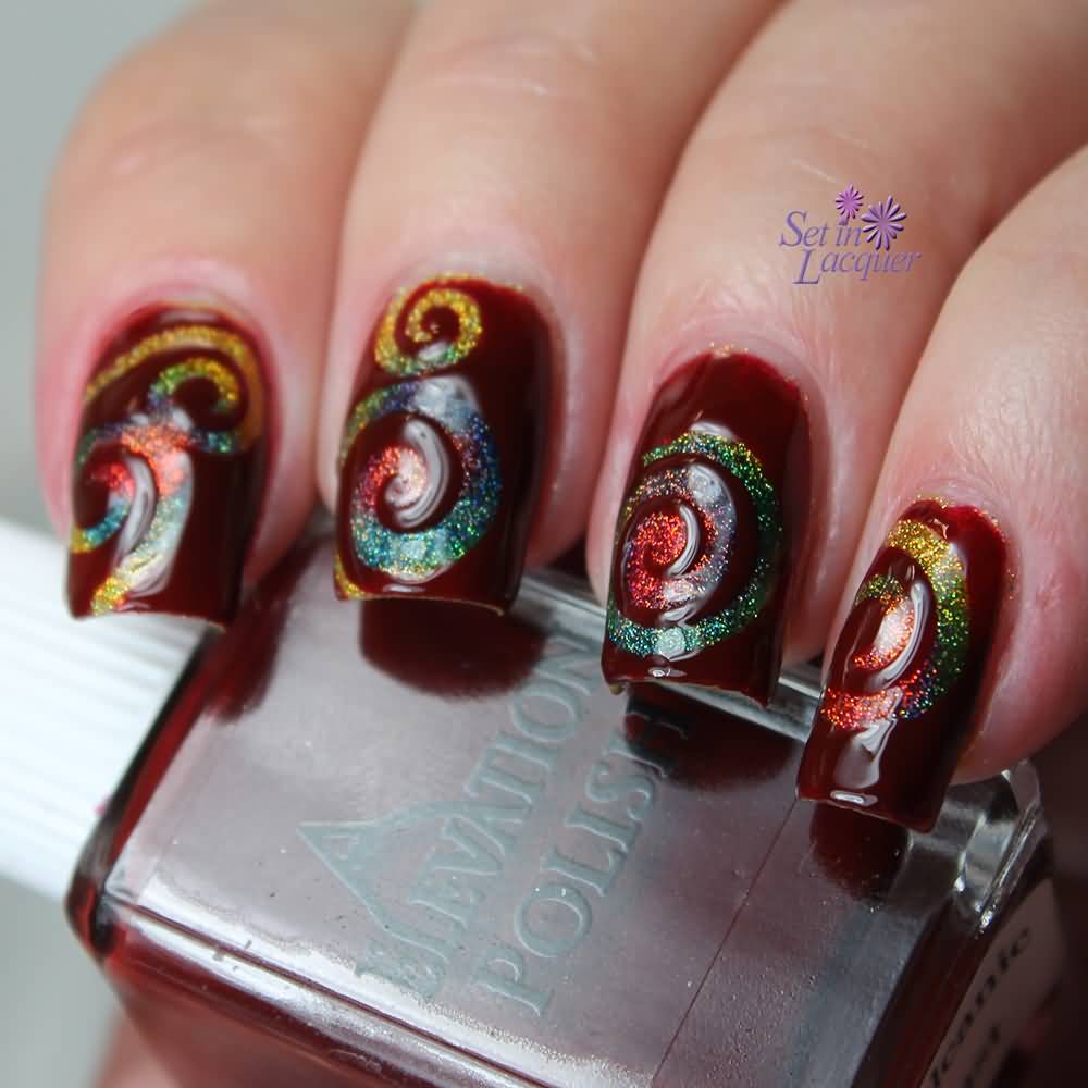 Red Nails With Colorful Glitter Gel Spiral Design Nail Art