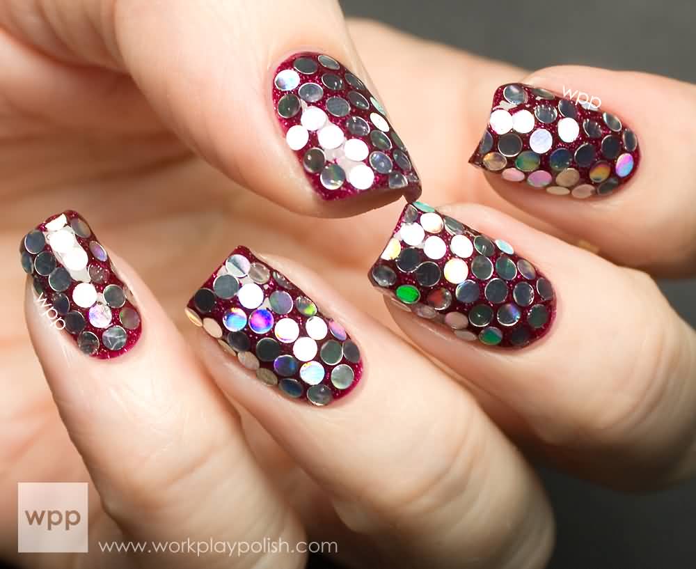 Red Nails With Glitter Dots Design Nail Art