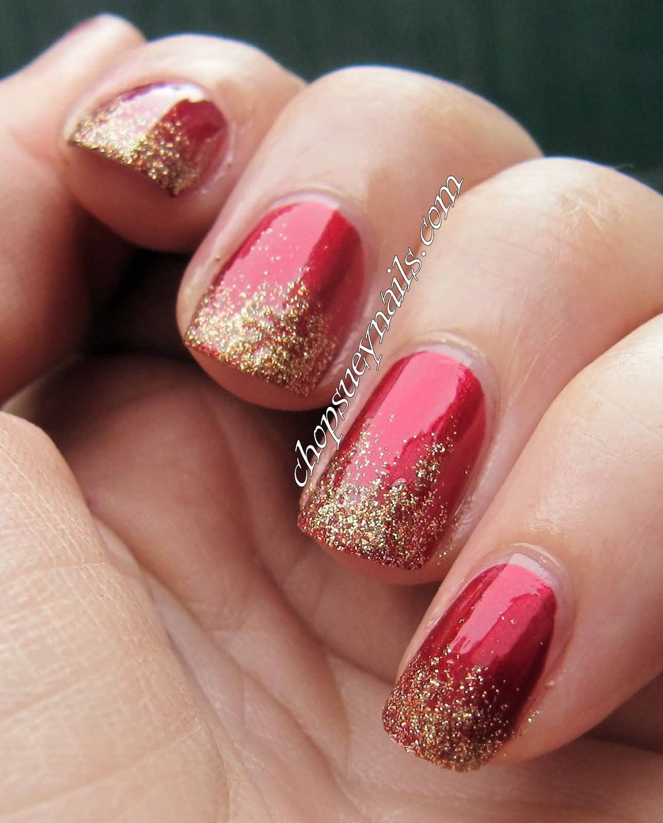 Red Nails With Gold Glitter Tip Design Idea