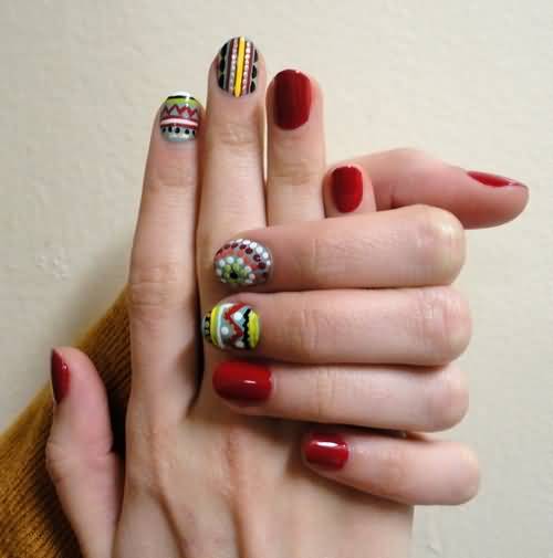 Red Nails With Tribal Print Nail Art Design Idea
