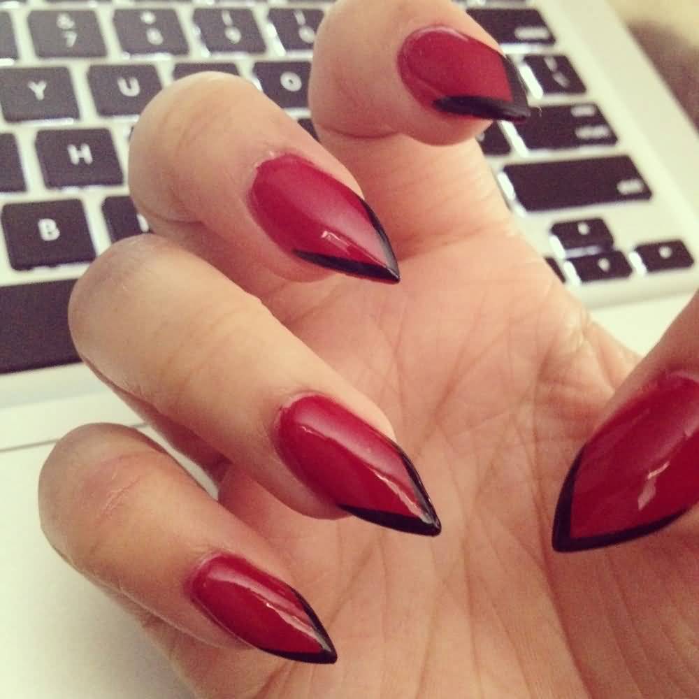 Red Stiletto Nail Art With Black Tip Design