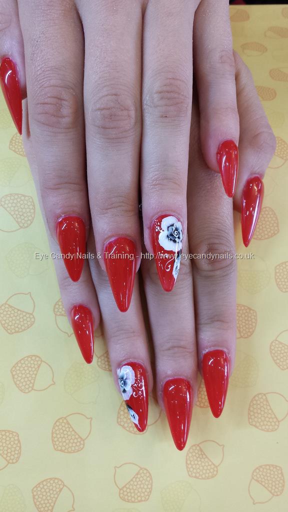 Red Stiletto Nails With White Flowers Design Idea