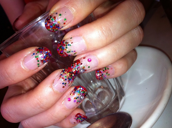 Red Tip And Multicolored Glitter Nail Art