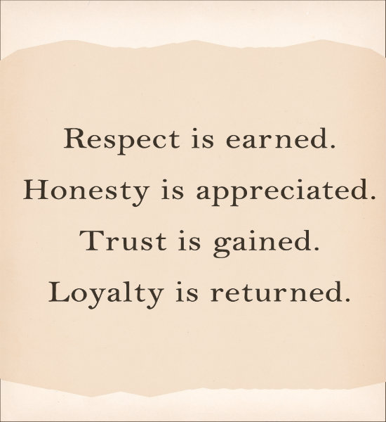 Respect is earned, Honesty is appreciated. Trust is gained. Loyalty is returned