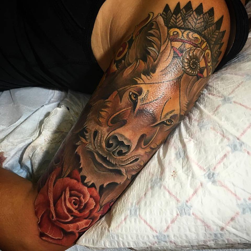 Rose Flower And Wolf Tattoo On Left Half Sleeve by Melissa Fusco