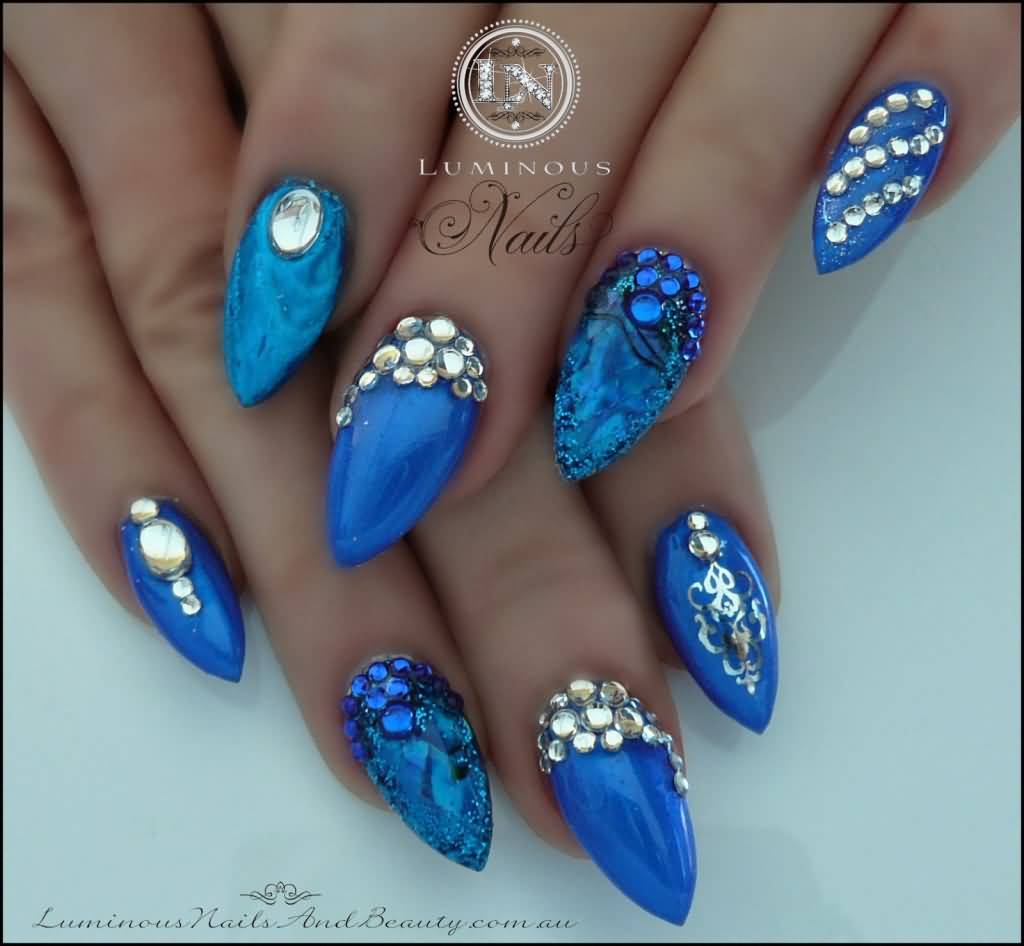 Royal Blue Almond Nails With Crystals Design Idea