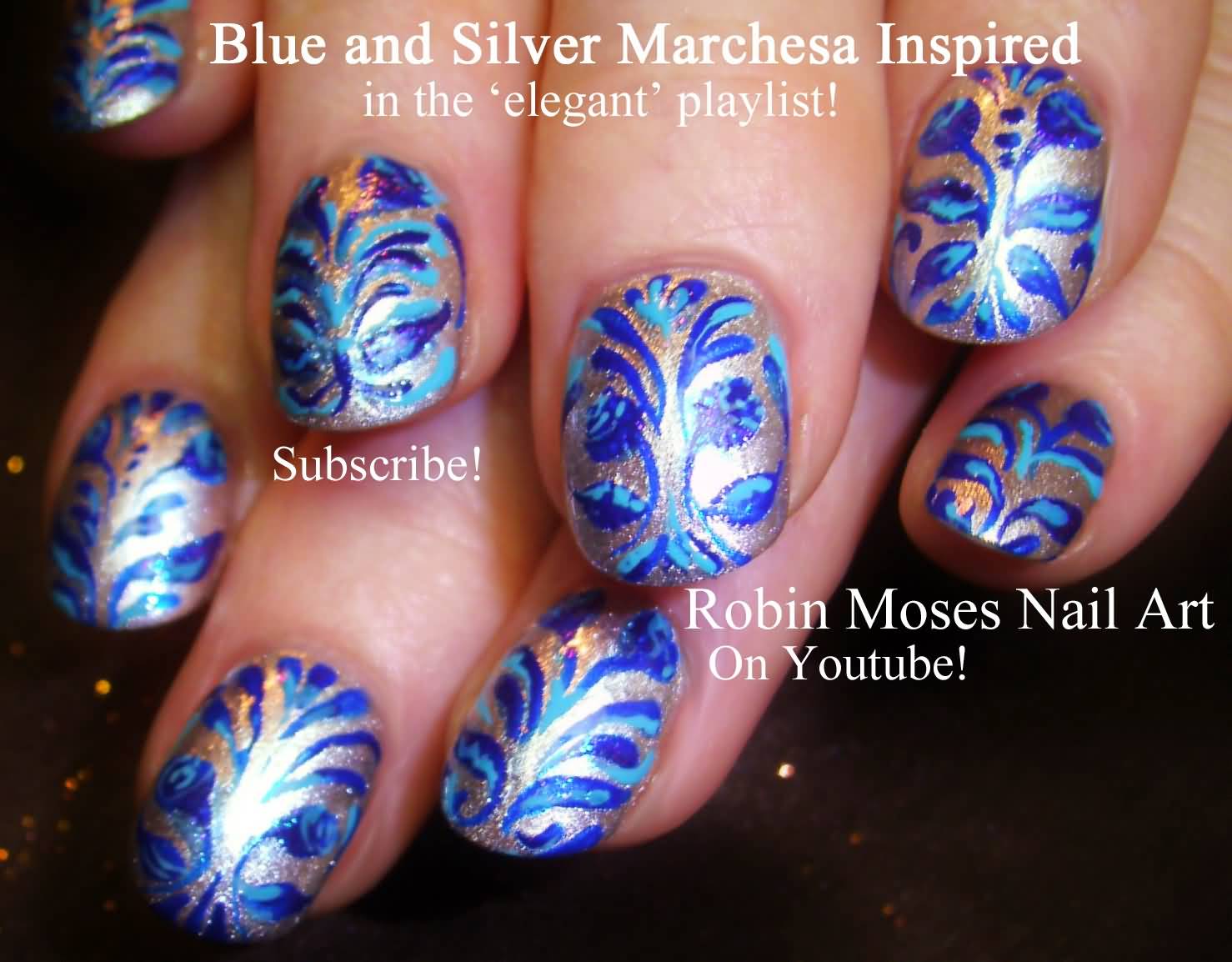 Royal Blue And Silver Floral Design Nail Art